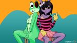 16:9 accessory amphibian anthro bottomwear bow_ribbon bow_tie brown_hair clothed clothed_female clothing dark_hair digital_media_(artwork) female frog gesture glitch_productions gooseworx's_post-transition_jax_design green_body green_skin hair hair_accessory hair_bow hair_ribbon hand_gesture hi_res jax_(tadc) kryptidikettu lagomorph leporid lgbt_pride looking_at_viewer mammal middle_finger one_eye_closed pattern_clothing pattern_shirt pattern_topwear pride_color_accessory pride_color_flag pride_colors rabbit ribbit_(tadc) ribbons shaded shirt simple_background simple_shading skirt striped_clothing striped_shirt striped_topwear stripes the_amazing_digital_circus tongue tongue_out topwear trans_(lore) trans_woman_(lore) transgender_pride_colors widescreen wink winking_at_viewer