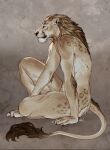 2026 absurd_res ama_dench_art ambiguous_gender anthro arm_tuft claws digital_media_(artwork) elbow_tuft felid finger_claws fur hi_res lion mammal mane nonbinary_(lore) nude nude_anthro pantherine side_view signature simple_background sitting solo spots tail tail_tuft tan_body tan_fur textured_background toe_claws tuft whisker_spots whiskers yellow_eyes