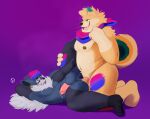 accessory adjusting_clothing anal anal_penetration anthro anthro_on_anthro anthro_penetrated anthro_penetrating anthro_penetrating_anthro areola balls bandana_on_head bisexual_pride_colors black_body black_eyebrows black_fur black_inner_ear black_nose blue_balls blue_body blue_fur bodily_fluids bodypaint brown_areola brown_nipples butt canid canine canis chai_(phadora) chest_tuft claws clothing digital_media_(artwork) domestic_dog dripping duo ear_piercing erection eye_bags eyebrows facial_piercing fluffy from_front_position fur genital_fluids genitals grey_body grey_fur hair half-closed_eyes hand_behind_head hand_on_belly headband headband_only hi_res humanoid_genitalia humanoid_penis interspecies kerchief kerchief_only kneeling kneeling_on_ground kneeling_sex kureto lgbt_pride looking_at_another looking_at_partner looking_down looking_down_at_another looking_down_at_partner looking_up looking_up_at_another looking_up_at_partner lying male male/male male_penetrated male_penetrating male_penetrating_male mammal mane markings missionary_position mostly_nude multicolored_body multicolored_fur narrowed_eyes nipples nude on_back on_bottom on_ground on_top open_mouth overweight overweight_male penetration penile penile_penetration penis piercing pink_penis precum precum_drip pride_color_accessory pride_color_clothing pride_color_paint pride_colors procyonid purple_background raccoon sex simple_background smile spitz tail tan_body tan_fur teal_body teal_fur teeth thick_thighs tuft