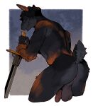 alpha_channel anthro anus backsack balls barely_visible_anus black_body black_fur blue_background butt fur genitals hi_res holding_melee_weapon holding_object holding_sword holding_weapon humanoid_genitalia humanoid_penis lagomorph leporid male male_anthro mammal melee_weapon multicolored_body nude_anthro nude_male orange_body penis perineum presenting presenting_hindquarters rabbit rear_view roamingthrough scut_tail short_tail simple_background solo sword tail weapon