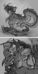 2_panel_comic anthro anthro_on_anthro anthro_penetrated anthro_penetrating anthro_penetrating_anthro backsack balls big_balls big_penis bodily_fluids comic cryptidbits digitigrade dominant dragon drooling duo extreme_size_difference eyes_closed feet fellatio foot_on_chest forced genitals grey_background greyscale head_grab hi_res holding_penis horn huge_penis humanoid_genitalia humanoid_penis larger_anthro larger_dom larger_male lying male male/male male_anthro male_penetrated male_penetrating male_penetrating_male monochrome mythological_creature mythological_scalie mythology neck_bulge nude_anthro nude_male on_back oral pear-shaped_figure penetration penile penis penis_in_mouth rear_view saliva scalie sex shocked simple_background size_difference smaller_anthro smaller_male smaller_penetrated stepped_on surprised tail thick_tail thick_thighs wide_eyed wide_hips