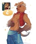accessory altkir anthro athletic bottomwear brown_body brown_fur brown_hair canid claws clothing collar dreamworks exposed_chest floppy_ears forgotten_island freckles fur gradient_fur hair headband heart_symbol hi_res jacket male mammal navel nipples pubic_fuzz raww_(forgotten_island) reference_image scar shorts solo sparkles tail tongue tongue_out topwear werecanid werecreature