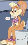 absurd_res anthro bikini bikini_down bodily_fluids breasts clothing female genital_fluids hi_res implied_urine lagomorph leporid lola_bunny looney_tunes mammal onomatopoeia peeing rabbit sitting sitting_on_toilet solo sound_effects swimwear text thedispenser69 toilet toilet_paper toilet_use two-piece_swimsuit urine warner_brothers