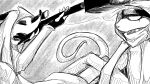 16:9 american_opossum anthro bless_(dragonweirdo) cloak clothing crossed_legs crown domestic_ferret dragonweirdo duo female gun hair headgear hi_res kerchief long_hair looking_through_scope mammal marsupial monochrome mountain mustelid musteline ranged_weapon rifle sniper sniper_rifle tiara true_musteline tula_(dragonweirdo) virginia_opossum weapon weasel widescreen