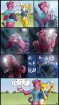 anthro blue_body bottomless bottomless_anthro canid canine clothed clothing comic confusion dialogue duo english_text eyes_closed felid female full_moon hi_res husqi ken_(trufi_taskbe) male mammal markings moon mythological_canine mythological_creature mythology pantherine pickles-hyena pink_body question_mark school striped_markings striped_tail stripes tail tail_markings teeth text tiger transformation university werecanid werecanine werecreature werewolf whiskers yellow_body yiddish_text
