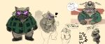 angry anthro beard blush bottomless bottomwear clothed clothed_anthro clothed_male clothing debudraws dialogue domestic_cat dreamworks duo eyewear facial_hair fan_character felid feline felis fur game_freak generation_6_pokemon glasses green_clothing green_shirt green_topwear grey_body grey_fur grumpy hair half-closed_eyes headpat heart_eyes heart_symbol hi_res kipo_and_the_age_of_wonderbeasts looking_at_another male male/male mammal multicolored_body multicolored_fur mustache narrowed_eyes netflix nintendo overweight overweight_anthro overweight_male pants partially_clothed pattern_clothing pattern_shirt pattern_topwear petting plaid plaid_clothing plaid_shirt plaid_topwear pokemon pokemon_(species) purple_eyes satisfied satisfied_look shirt simple_background size_difference sketch sketch_page slurpuff smile speaking_to_another standing surprised sweater sweatpants teeth text topwear topwear_only underbite yumyan_hammerpaw