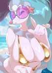 2026 absurd_res anawat anthro aquatic asterozoan big_breasts bikini blue_hair bouncing_breasts breasts clothing echinoderm eyelashes eyewear female female_anthro gem generation_7_pokemon gold_bikini golden_week hair hi_res nintendo nipple_outline pearl_(gem) pokemon pokemon_(species) primarina simple_background solo split_form starfish starfish_(accessory) sunglasses swimwear two-piece_swimsuit water white_body
