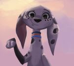 101_dalmatian_street 101_dalmatians 2019 antanariva backlighting black_body black_eyes black_fur black_nose black_spots blue_collar bust_portrait canid canine canis cloud cloudy_sky collar dalmatian digital_media_(artwork) digital_painting_(artwork) disney dolly_(101_dalmatians) domestic_dog dusk eyebrows female feral floppy_ears freckled_face freckles fur gradient_background head_turned headshot_portrait leg_markings light lighting lineless long_ears looking_at_viewer mammal markings one_paw_up orange_collar painting_(artwork) pink_inner_ear pink_sky portrait screenshot_redraw shaded simple_background sky smile smiling_at_viewer smirk smirking_at_viewer socks_(marking) soft_shading solo spots spotted_body spotted_fur textured_background twilight white_body white_fur
