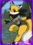 anthro awd! belt biped bottomwear canid canine closed_smile clothing dipstick_ears dipstick_tail distracting_watermark ear_markings ember_the_firesmart_fox eyelashes female female_anthro firesmartcanada fox fur kerchief looking_at_viewer mammal markings mouth_closed multicolored_ears neckerchief neckwear on_one_leg outside park_ranger patreon plant river shorts smile smiling_at_viewer solo standing tail tail_markings text uniform url watermark white_body white_fur yellow_body yellow_fur