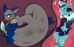 14:9 animal_genitalia animal_penis anthro ares_(deidra) avian balls beak belly black_nose blue_body blue_fur blush bodily_fluids canid canine canis claws clothing cutaway digital_media_(artwork) duo e-01 english_text erection feathers feral fur generation_8_pokemon genitals grey_body grey_fur gryphon hair hi_res internal male male/male mammal multicolored_body mythological_avian mythological_creature mythology nickit nintendo nude paws penile_spines penis pokemon pokemon_(species) sheath simple_background size_difference smile tail tail_bulge tail_fetish tail_mouth tail_play tail_vore text unusual_anatomy unusual_tail unusual_vore vore