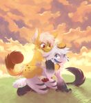 2014 ambiguous_gender anthro blue_eyes blue_tongue brown_hooves carrying_another cloud darmp detailed_background digital_media_(artwork) digital_painting_(artwork) digitigrade duo ferrin fur grass hair hi_res hooves kneeling open_mouth open_smile outside painting_(artwork) paws piggyback plant red_eyes sky smile snout tail tail_tuft teeth tongue tuft unguligrade white_body white_fur white_hair white_inner_ear yellow_body yellow_fur yellow_sky