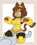 2026 allewdbruh anthro black_clothing black_legwear black_nose black_thigh_highs breasts brown_body brown_ears brown_eyebrows brown_fur brown_hair brown_tail clothed clothing digital_media_(artwork) domestic_cat dress duo eyebrows eyelashes eyewear eyewear_on_head felid feline felis female female_on_top female_penetrated front_view fur gameoverse genitals glitch_productions goggles goggles_on_head hair hi_res human kit_bodega legwear male male/female male_penetrating male_penetrating_female mammal no_underwear on_top penetration penile penile_penetration penis penis_in_vagina pink_eyes sex simple_background tail thick_thighs thigh_highs vaginal vaginal_penetration vulva whiskers white_background wide_hips yellow_clothing yellow_dress yellow_sclera