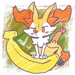 1:1 2024 ambiguous_anthro ambiguous_gender annyui0611 anthro banana biped blush blush_stickers border braixen canid closed_smile digital_drawing_(artwork) digital_media_(artwork) dipstick_tail food fruit full-length_portrait generation_6_pokemon heart_symbol hi_res japanese_description mammal markings micro mouth_closed nintendo no_pupils number object_in_tail on_one_leg plant pokemon pokemon_(species) portrait shrimp_(food) simple_background smile snout solo standing tail tail_markings translated_description white_border