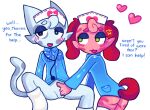 animal_hospital anthro blush bottomless butt canid canine canis clothed clothing dialogue domestic_cat domestic_dog duo english_text felid feline felis female female/female flirting footwear genitals head_nurse_(animal_hospital) hi_res kottiechii looking_at_another mammal masturbation nurse_(animal_hospital) nurse_clothing nurse_uniform roblox socks text uniform vaginal vulva