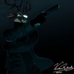 1:1 3d_(artwork) aiming_weapon anthro beastars blood blood_on_face bodily_fluids bottomwear broken_glasses cel_shading cervine clothing coat deer digital_media_(artwork) eyewear fighting_pose glasses gloves gun handgun handwear hi_res leotard louis_(beastars) male mammal pants pistol pose ranged_weapon red_deer shaded shirt signature solo standing topwear vermilionrenderworks weapon
