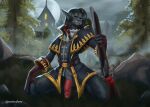 blizzard_entertainment blue_eyes bottomless canid clothed clothing femboy fur genitals grey_body grey_fur gun hair hi_res holding_knee holding_leg holding_object holding_ranged_weapon holding_weapon kneeling long_hair male mammal notnaloww outside penis ranged_weapon rifle solo warcraft weapon werecanid werecreature worgen