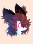 2026 3:4 anthro black_ears black_nose brown_hair brown_inner_ear_fluff brown_markings domestic_cat felid feline felis fur hair headshot_portrait heterochromia hi_res inner_ear_fluff kasika kat_(xammyxx) lineless male male_anthro mammal markings medium_hair multicolored_body multicolored_fur narrowed_eyes neck_tuft orange_background portrait red_eyes red_sclera serious shaded signature simple_background solo tuft watermark white_body white_fur
