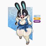 1:1 4_fingers 4_toes absurd_res animal_crossing animal_humanoid anthro areola big_breasts big_butt biped black_body black_fur black_lips black_lipstick black_nails blue_background blue_clothing blue_eyes blush blushing_at_viewer bottomwear bouncing_breasts bow_(feature) breasts butt cleavage cleavage_cutout clothed clothing colored_nails cutout denim denim_clothing dotty_(animal_crossing) eyebrows feet female fingers footwear fully_clothed fur fur_markings gesture hi_res high_heels humanoid jewelry juicy_thighs jumping lagomorph lagomorph_humanoid leporid leporid_humanoid lips lipstick long_ears makeup mammal mammal_humanoid markings nails necklace nintendo nipple_piercing nipple_slip nipples piercing pink_nipples rabbit rabbit_ears rabbit_humanoid raccoon_sama romper shoes shorts shortstack simple_background small_waist smile smiling_at_viewer solo teeth teeth_showing thick_eyebrows thick_thighs toes video_game_character waving waving_hand white_body white_fur wide_hipped_female wide_hips yandere