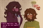 ambiguous_gender anthro black_clothing black_eyes black_hair black_shirt black_topwear blue_clothing blue_shirt blue_topwear blush bodily_fluids clothed clothing deltarune dialogue ellipsis embarrassed english_text female green_clothing green_sweater green_topwear group hair hi_res human jacket kris_dreemurr lizard long_hair mammal non-mammal_hair open_clothing open_jacket open_topwear purple_body purple_clothing purple_jacket purple_scales purple_topwear reptile scales scalie shirt sillysadduck soul_(deltarune) soul_(undertale) speech_bubble susie_(deltarune) sweat sweater text topwear trio undertale_(series) white_clothing white_shirt white_topwear yellow_clothing yellow_sweater yellow_topwear