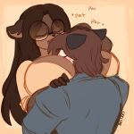 1:1 american_opossum anthro big_breasts breasts brown_body brown_fur brown_hair duo eyes_closed eyewear female fur glasses hair head_between_breasts headpat hi_res hug huge_breasts long_hair male male/female mammal marsupial ooo-belise-ooo procyonid raccoon short_hair simple_background sound_effects virginia_opossum wearing_glasses