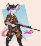 absurd_res ambiguous_gender american_opossum anthro athletic big_ears black_hair blue_eyes boots camo charlie_(spookycyborg) clothed clothing combat_boots fangs fn_fal footwear fully_clothed fur grey_arms grey_body grey_fur gun hair hi_res holding_gun holding_object holding_ranged_weapon holding_rifle holding_weapon inner_ear_fluff long_tail mammal marsupial military military_uniform pink_body pink_nose pink_skin pink_tail portrait pose ranged_weapon rifle sangy shoes slim soldier solo tail teeth tuft uniform warrior weapon white_inner_ear_fluff