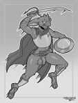 5_fingers absurd_res angry anthro armor balls bat bat_ears cape clothing cuirass desert_long-eared_bat digital_media_(artwork) fingers flaccid footwear fur gauntlets genitals gloves green_eyes handwear hi_res holding_melee_weapon holding_object holding_shield holding_sword holding_weapon humanoid_genitalia humanoid_penis jumping lean_body legwear male male_anthro mammal maxner12 melee_weapon nude nude_anthro nude_male open_mouth penis sandals shield shoes simple_background solo sword teeth turo_of_akesh unconvincing_armor vambrace weapon wingless_bat