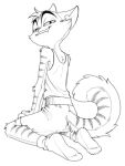 anthro biped black_and_white bottomwear clothed clothed_anthro clothed_male clothing domestic_cat eyebrows felid feline felis footwear full-length_portrait half-closed_eyes hi_res hot-coco kneeling lackadaisy line_art looking_at_viewer looking_back looking_back_at_viewer male male_anthro mammal monochrome narrowed_eyes portrait raised_eyebrow rocky_rickaby seiza shirt shorts sitting smile smirk socks solo tail tank_top three-quarter_view topwear white_clothing white_footwear white_socks