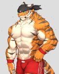2024 4:5 5_fingers abs absurd_res anthro biceps big_muscles biped black_headkerchief black_kerchief bottomwear brown_stripes captainjohkid claws clothed clothed_anthro clothed_male clothing countershade_arms countershade_face countershade_fur countershade_hands countershade_legs countershade_neck countershade_tail countershade_torso countershading deltoids digital_drawing_(artwork) digital_media_(artwork) facial_markings felid finger_claws fingers front_view fur green_eyes grey_background grey_claws hand_on_hip hand_on_own_hip head_markings headgear headkerchief headwear hi_res kerchief looking_aside male mammal markings mouth_closed multicolored_body multicolored_fur muscular muscular_anthro muscular_male obliques orange_body orange_fur pantherine pecs portrait pupils red_bottomwear red_clothing red_shorts red_wristband serratus shorts shorts_only simple_background slit_pupils snout solo striped_arms striped_body striped_face striped_fur striped_markings striped_tail striped_torso stripes tail tail_markings tan_body tan_countershading tan_fur three-quarter_portrait tiger topless topless_anthro topless_male two_tone_body two_tone_fur whiskers white_bottomwear white_clothing white_sclera white_shorts wristband