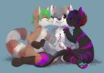 2014 anthro antlers black_body black_fur black_nose blue_background brown_antlers brown_body brown_fur canid canine claws darmp digital_media_(artwork) digital_painting_(artwork) eyes_closed feet fur green_hair green_pawpads grey_body grey_fur group hair head_tuft hindpaw horn hybrid kiss_on_cheek kissing male male/male mammal markings nude painting_(artwork) pawpads paws plantigrade purple_body purple_fur red_claws red_eyes ring_(marking) ringed_tail shaded shark_tail short_hair simple_background sitting sitting_on_ground smile striped_markings striped_tail stripes tail tail_markings trio tuft white_body white_fur