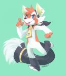 2014 ailurid ambiguous_gender anthro black_nose blue_eyes cheek_tuft darmp digital_media_(artwork) digital_painting_(artwork) facial_tuft featureless_crotch full-length_portrait fur green_background head_tuft hi_res mammal notched_ear on_one_leg orange_body orange_fur painting_(artwork) pink_tongue portrait red_panda shaded simple_background snout solo standing tail tongue tongue_out tuft white_body white_fur yellow_inner_ear zipper