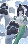 2026 4_toes absurd_res anthro barefoot big_breasts big_ears bikini black_hair black_pawpads bra breasts cat_nose claws clothed clothing crossed_arms dialogue digital_media_(artwork) domestic_cat english_text eyebrows feet felid feline felis female female_anthro flip_flops fluffy_paws foot_fetish foot_focus foot_play footwear fur green_bra green_clothing green_eyes green_footwear green_panties green_sandals green_underwear grey_body grey_fur hair hi_res looking_at_viewer loose_footwear low-angle_view mammal neck_tuft pantherine panties pawpads paws plantigrade ponytail pupils raised_eyebrow rz54 sandals shoe_dangle shoes simple_background sitting slit_pupils snow_leopard soles solo striped_body stripes swimwear tail talking_to_viewer text tiger toe_claws toes tuft two-piece_swimsuit underwear white_body white_fur