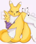 5:6 ;3 ;p anthro anus armwear bandai_namco black_sclera blue_eyes bridal_gauntlets canid claws clothing digimon digimon_(species) dipstick_ears dipstick_tail ear_markings eclypsea female fur genitals hi_res leg_markings legs_together legs_up looking_at_viewer mammal markings multicolored_ears nude nude_anthro nude_female one_eye_closed pink_background presenting presenting_anus presenting_vulva renamon simple_background socks_(marking) solo tail tail_markings thick_thighs tongue tongue_out two_fingers_up vulva white_body white_fur wink winking_at_viewer yellow_body yellow_fur