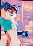 3d_(artwork) anthro blue_body blue_fur blue_hair c4d can canid canine cinema_4d_(artwork) city city_background claws clothing container crop_top daytia digital_media_(artwork) eyewear fangs fluffy fluffy_tail fox fur grand_theft_auto green_eyes gta_vi_cover_girl hair hi_res holding_object light looking_at_viewer male mammal meme multicolored_body multicolored_fur multicolored_hair orange_body orange_fur palm_tree parody pawpads paws plant pointy_ears pose posed rexouium rockstar_games shirt signature smile soft_lighting solo sunglasses sunlight tail teeth topwear tree white_body white_fur