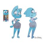 1:1 2026 3_fingers 3_toes absurd_res anthro arms_bent artist_name barefoot big_breasts big_butt big_ears big_eyes biped black_eyebrows black_eyes black_markings blue_body blue_ears blue_fur blue_tail bluebarrel bottom_heavy bottomwear breasts butt cartoon_network clothed clothed_anthro clothed_female clothing collared_shirt colored_sketch curved_eyebrows dark_markings digital_drawing_(artwork) digital_media_(artwork) domestic_cat eyebrows eyelashes facial_markings feet felid feline felis female fingers fully_clothed fully_clothed_anthro fully_clothed_female fur glistening glistening_eyes grey_bottomwear grey_clothing grey_skirt head_markings hi_res huge_hips iris light_body light_fur light_markings long_eyelashes looking_at_self looking_down looking_down_at_self mammal markings mature_anthro mature_female mouth_closed multiple_poses muzzle_(marking) nicole_watterson no_pupils pink_nose plantigrade pointy_ears pose prick_ears reference_image rolled_up_sleeves round_eyes shirt simple_background sketch skirt snout solo standing straight_legs tail text the_amazing_world_of_gumball thick_thighs three-quarter_view toes topwear whisker_markings white_background white_clothing white_markings white_sclera white_shirt white_topwear wide_eyed wide_hipped_anthro wide_hipped_female wide_hips