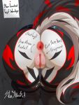3:4 absurd_res against_surface against_wall anthro anus bent_over big_tail biped black_clothing black_legwear black_thigh_highs body_fur body_writing bodypaint butt butt_focus canid canine censor_removal_edit clothing colored detailed digital_drawing_(artwork) digital_media_(artwork) directional_arrow fat_mons female fur genital_focus genitals glory_hole glory_use glory_wall grey_body grey_fur hi_res legwear lower_body mammal markings nude nude_anthro nude_female pose puckered_anus rear_view red_anus red_vulva shaded solo standing stay_hard tail thigh_highs third-party_edit through_wall vulva white_body white_fur wolf_tail