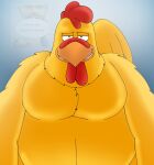 anthro avian bedroom_eyes bird chicken ernie_the_giant_chicken family_guy feathers galliform gradient_background grey_background grin looking_at_viewer male meme narrowed_eyes phasianid pt80s0up seductive simple_background smile solo yellow_body yellow_feathers