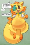 absurd_res aquatic asterozoan belly big_tail blush blush_lines bodily_fluids brown_sclera caught_in_the_act cheek_tuft chest_grab collar crumbs crumbs_on_face dangling dialogue domestic_cat echinoderm english_text facial_tuft fangs felid feline felis feral fish gills glistening glistening_body green_collar held_up hi_res hybrid male mammal messy one_eye_obstructed orange_body overweight overweight_male solo speech_bubble starfish sundae_(xananer) sweat sweatdrop tail teeth text tuft white_eyes xananer