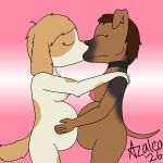 1:1 anthro belly big_belly biped both_pregnant breasts canid canine canis collar collar_only digital_media_(artwork) domestic_dog eyes_closed female female/female female_anthro flamingazalea fur gradient_background hair hi_res huge_belly kissing mammal multiple_pregnancies nipples nude nude_anthro nude_female pregnant pregnant_anthro pregnant_female sapphic simple_background tail
