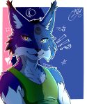 anthro blue_body blue_fur clothing definitely_not_volress ember_eyes facial_markings felid feline forehead_markings fur head_markings headshot_portrait hi_res lynx malcolm_felins male mammal markings pattern_background pointy_ears portrait shirt simple_background solo tank_top tongue tongue_out topwear white_fur_tuft