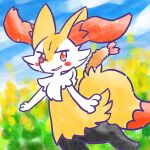 1:1 2024 ambiguous_anthro ambiguous_gender annyui0611 anthro biped blush blush_stickers braixen canid cloud digital_drawing_(artwork) digital_media_(artwork) digitigrade dipstick_tail flower food front_view generation_6_pokemon hi_res japanese_description looking_at_viewer mammal markings nintendo object_in_tail on_one_leg open_mouth open_smile outside plant pokemon pokemon_(species) portrait shrimp_(food) simple_background sky smile snout solo standing tail tail_markings three-quarter_portrait three-quarter_view translated_description