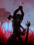 absurd_res ambiguous_gender anthro blood bodily_fluids bottomless bottomless_anthro buckteeth clothed clothing cybernetic_limb cybernetics cyborg digital_media_(artwork) duo feet frostbite80 fur gore gun half-closed_eyes headgear headwear hi_res holding_knife holding_object holding_weapon killing kneeling knife lying machine mammal murid murine narrowed_eyes nonbinary_(lore) on_back outside plant ranged_weapon rat rodent stab tail teeth toes topwear tree weapon