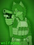 3:4 angelo(wolfsona) anthro black_and_green canid canine canis glock gun handgun hi_res male mammal monochrome night_vision pistol ranged_weapon solo the_wolfsona weapon wolf