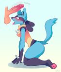 absurd_res anthro awfawl blush breasts canid canine disembodied_balls disembodied_penis duo female female_anthro generation_4_pokemon genitals hi_res humanoid_genitalia humanoid_penis kneeling lucario male male/female mammal medium_breasts mostly_offscreen_character mostly_offscreen_male nintendo nipples nude open_mouth pawpads paws penis pokemon pokemon_(species) simple_background solo_focus surprised throbbing throbbing_penis wide_hips