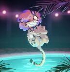 2026 anthro barika_(willwri) biped blonde_hair cannonball_dive cheetah clenched_teeth felid feline female hair hi_res highlights_(coloring) jumping mammal markings night nude one_eye_closed palm_tree paws plant purple_highlights pusszone skinny_dipping smile solo spots spotted_body swimming_pool teeth tree whiskers yellow_body yellow_sclera