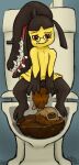 2023 2_toes 3_fingers absurd_res anthro black_body blush bodily_fluids bone bones_in_feces disposal eyebrows eyewear feces feet female fingers generation_3_pokemon genitals glasses grey_background hi_res mawile nintendo pokemon pokemon_(species) pooping red_eyes saliva scottglass simple_background size_difference skull smaller_female solo teeth text toes toilet toilet_paper tongue vulva wearing_glasses