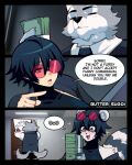 anthro butter_sugoi butter_sugoi_(character) canid canine canis comic dialogue digital_media_(artwork) duo english_text facial_markings female hair head_markings holding_money holding_object human human_to_anthro instant_transformation male mammal markings mask_(marking) money open_mouth procyonid raccoon round_sunglasses smile species_transformation tail text transformation wolf