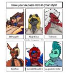 adala_(agustocreates) anthro beard big_breasts black_body black_fur black_sclera blonde_hair blowing_kiss blue_body blue_eyes blue_scales breasts brown_body brown_fur cigar cleavage clothed clothing collar cracking_knuckles dragon ear_piercing emerald_bloodfire eyewear facial_hair facial_piercing female fur glasses green_body green_eyes green_scales hair heart_symbol heterochromia hi_res horn huge_breasts kangaroo lipstick macropod makeup male mammal marsupial mature_female meme_origin multicolored_hair mythological_creature mythological_scalie mythology naomi_rasputin nose_piercing orange_body orange_fur piercing procyonid raccoon red_body red_scales sango_(taharon) scales scalie sergal side_shave skueeeakerz teeth text translucent translucent_clothing translucent_topwear two_tone_hair venus_(djpuppeh) white_sclera wings wynnoa_(tolerain) yellow_eyes
