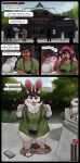 2026 absurd_res anthro black_hair breast_growth breasts buckteeth camera clothing comic day dialogue digital_media_(artwork) english_text female fur gender_transformation green_clothing green_shirt green_topwear growth hair hi_res human human_to_anthro japanese_shrine lagomorph leporid looking_down male mammal miltonholmes mtf_transformation outside plant rabbit sculpture shirt shrine shrinking size_transformation smile solo species_transformation standing statue surprised teeth text topwear transformation tree white_body white_fur