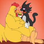 4_fingers anthro avian bedroom_eyes bird black_body black_fur blush burger chicken clothing domestic_cat duo ernie_the_giant_chicken eyes_closed family_guy feathers feeding felid feline felis fingers food fur galliform gloves grey_body grey_fur half-closed_eyes hand_on_belly handwear heart_symbol male mammal narrowed_eyes open_mouth orange_background phasianid pt80s0up scratchy_(the_simpsons) seductive simple_background white_clothing white_gloves white_handwear yellow_body yellow_feathers