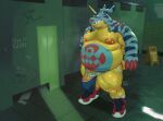 anthro balls bandai_namco barbell_piercing bathroom belly belly_markings big_balls big_belly big_bulge big_nipples big_penis bodily_fluids body_hair bulge butt_hair chest_hair claws clothing detailed_background detailed_bulge digimon digimon_(species) english_text facial_hair fangs footwear fupa gabumon genitals graffiti hairy_balls hi_res horn huge_balls huge_bulge huge_penis ineffective_clothing jockstrap kazushi looking_at_viewer male markings moobs mostly_nude musclegut muscular muscular_legs nipple_piercing nipples overweight overweight_male penis piercing pubes public_restroom restroom_stall shoes smile sneakers socks solo spikes standing stripes sweat sweaty_balls sweaty_genitalia sweaty_penis tail tally_marks teeth text underwear vein veiny_penis wet_floor_sign